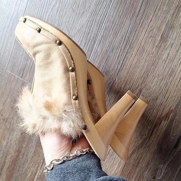 Pelle Moda Tan Leather Fur Wood Heel Size 6 - Picture 6 of 9